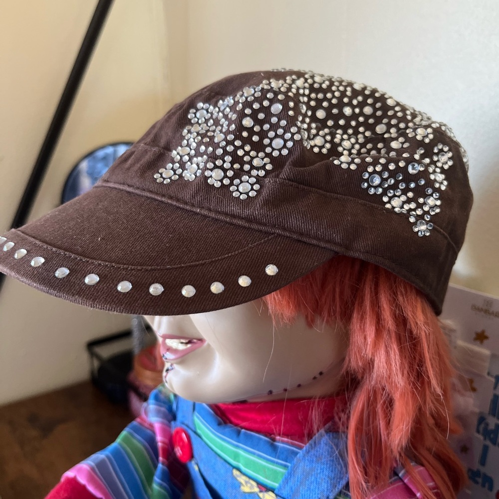 Brown Cap with Rhinestone Design